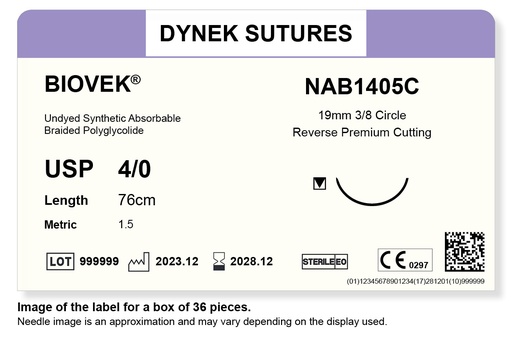 [DYNAB1405C36] BIOVEK SUTURE 4/0 19MM, 3/8RC 76CM BEIGE /36