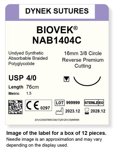 [DYNAB1404C12] Biovek Suture 4/0 16mm 3/8RC beige 76cm/12