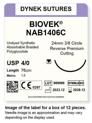 [DYNAB1406C12] Biovek Suture 4/0 24mm 3/8RC beige 76cm/12
